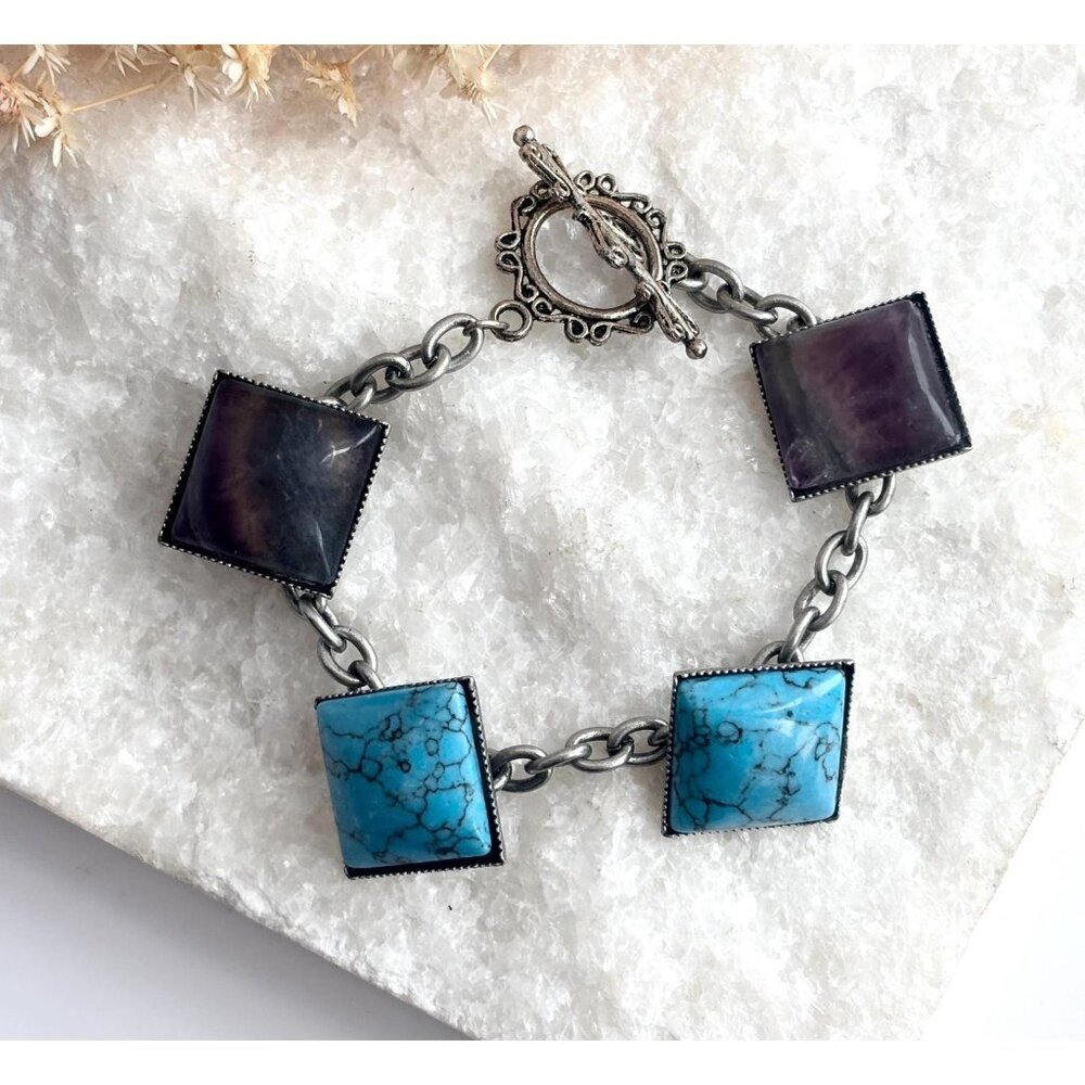 Faux Amethyst & Turquoise Vintage Paneled Vintage Costume Jewelry Bracelet